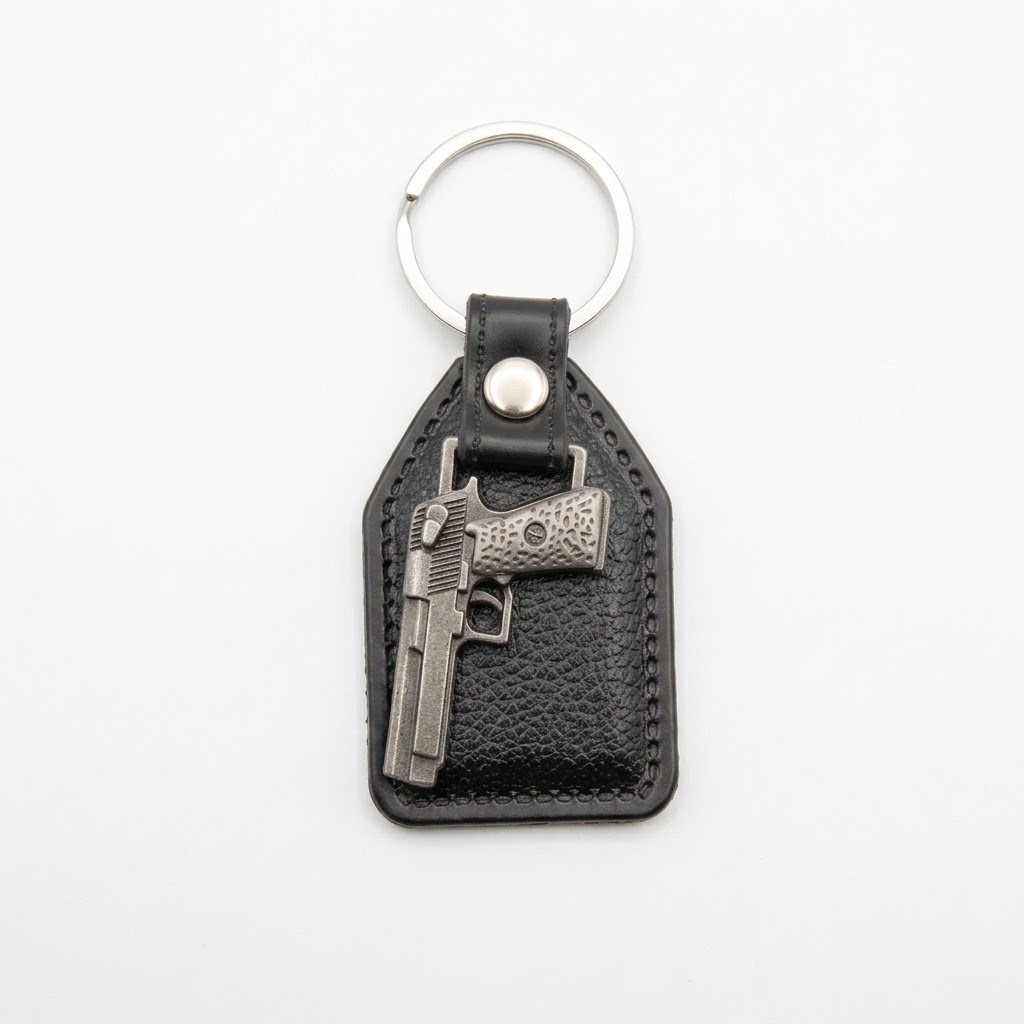 Leatherette Pistol Emblem Keyring Keyholder