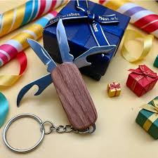Compact Wood Handle 4-in-1 Multi-Tool Pocket Knife Keyring