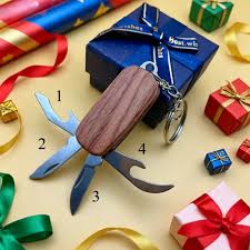 Compact Wood Handle 4-in-1 Multi-Tool Pocket Knife Keyring - Image 2